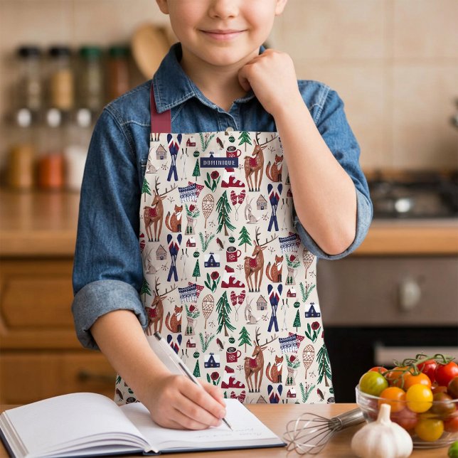 Delantal Navidades nórdicos de Woodland impresos en todo el (Kids Winter Woodland Animals Christmas Cooking Apron)