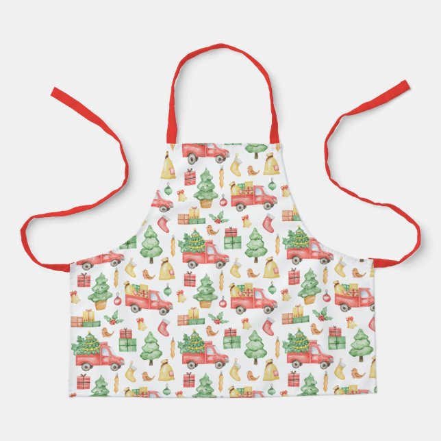 Delantal Navidades Patrón de Camión Rojo Vintage (Anverso)