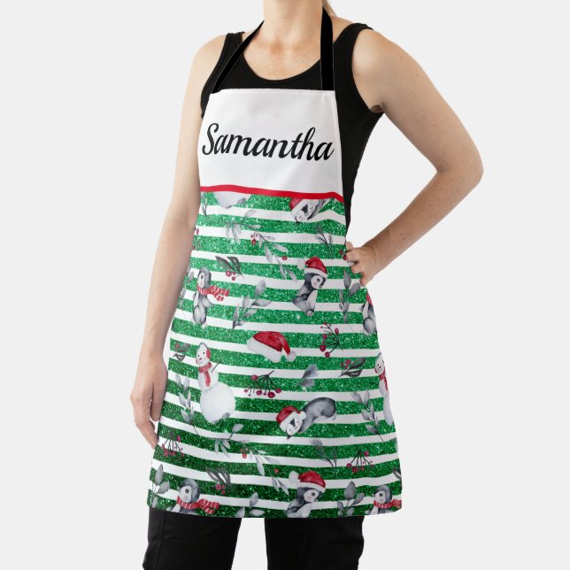 Delantal Navidades Penguin Snowman Green Purpurinas Stripes (in situ)