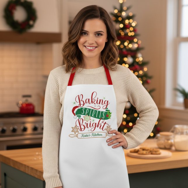 Delantal Navidades Personalizados brillantes de los Espírit (Festive Baking Spirits Bright Custom Christmas Apron)