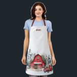 Delantal Navidades personalizados de los bosques de inviern<br><div class="desc">Personalizado Navidades de la Selva de Invierno monogramados con su nombre. Bosque festivo invernal con diseño de acuarela de granero rojo y camión rojo. Perfecto para la cocina de vacaciones y el horneado. Un patrón clásico de Navidades para usar de año en año.</div>