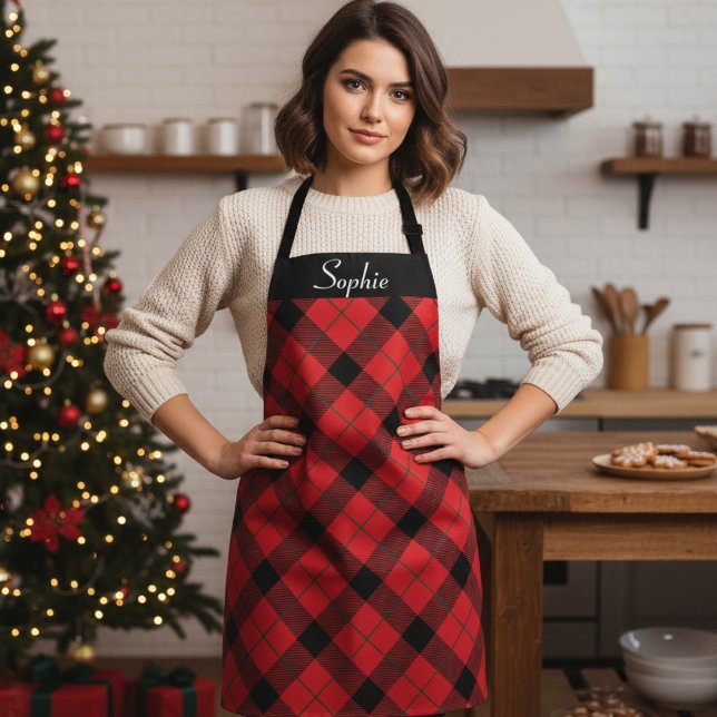 Delantal Navidades personalizados rojo, negro y verde (Custom Christmas Red, Black and Green Plaid Apron - Just add your name or special text!)