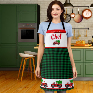Delantal Navidades Red Truck Chef Green Buffalo Plaid