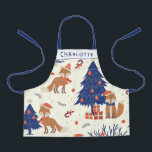 Delantal Navidades retro curados Fox Kids Personalizados<br><div class="desc">Navidades de estilo retro lindo con un patrón temático con un sombrero de santa vestido de zorro sentado con los regalos bajo el árbol navideño azul,  personalizado con tu nombre.</div>
