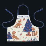Delantal Navidades retro curados Fox Kids Personalizados<br><div class="desc">Navidades de estilo retro lindo con un patrón temático con un sombrero de santa vestido de zorro sentado con los regalos bajo el árbol navideño azul, personalizado con tu nombre.</div>