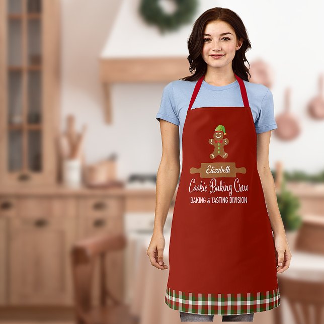 Delantal Navidades rojos de Plaid Cookie Baking Crew (Christmas Cooking Baking Crew - Custom and personalized with name. Festive red plaid)