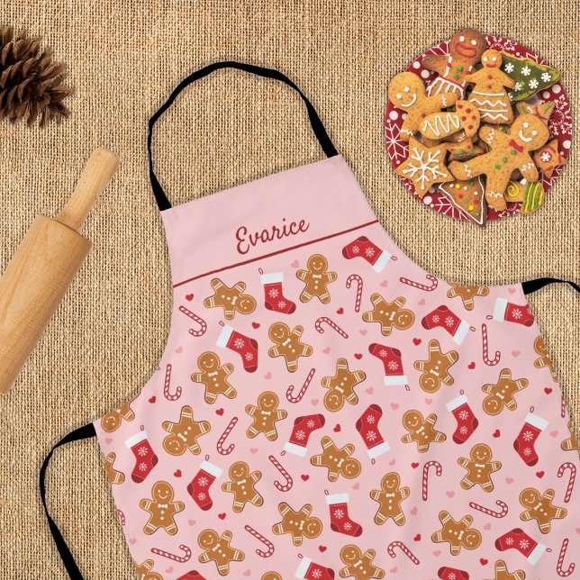 Delantal Navidades rosados de las medias de caramelo de pan (gingerbread, candycane and stockings - cute pink christmas apron)