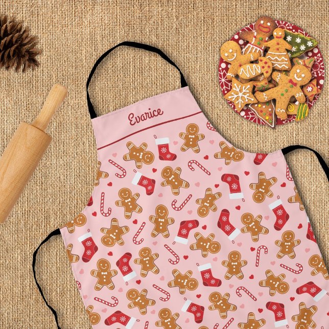 Delantal Navidades rosados de las medias de caramelo de pan (gingerbread candycane stockings hearts cute pink christmas apron)