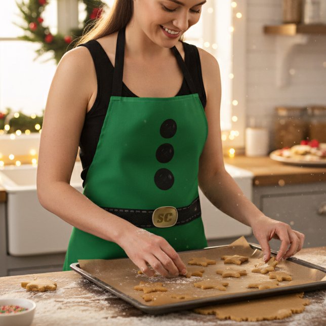 Delantal Navidades verdes festivos divertidos Elf Costume A (Fun and festive green Christmas elf holiday apron with space for your initials on his belt)