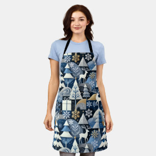 Delantal Navy Blue Gold Nordic Christmas Forest Pattern