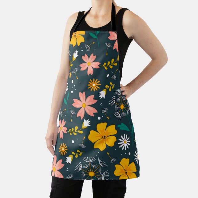 Delantal Navy Floral Garden Whimsical Spring Pattern (in situ)