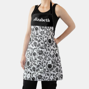 Delantal Negro Blanco Floral Botánico Boho Nombre Personali