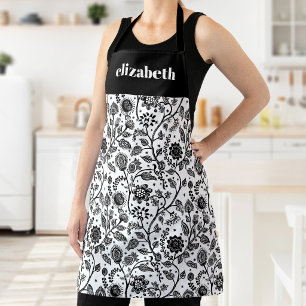Delantal Negro Blanco Floral Botánico Boho Nombre Personali