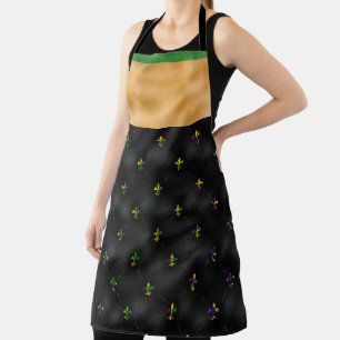 DELANTAL NEGRO CON MARDI GRAS FLEUR DI LIS & STRIPS