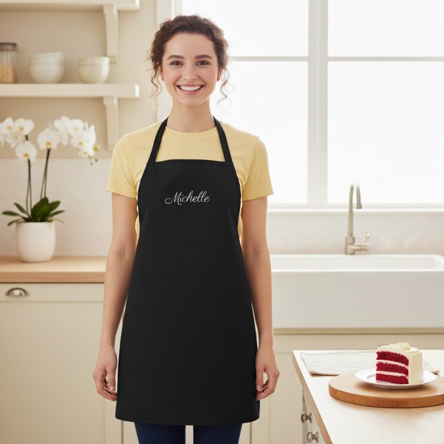 Delantal Negro con Nombre Personalizado (Personalized black kitchen apron with a custom name.)