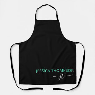 Delantal Negro Teal Personalizado Elegante Moderno Monogram