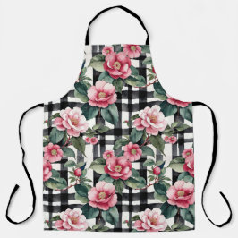 Delantal Negro y blanco con camellias de color rosa liso