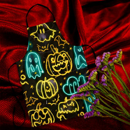 Delantal Neon Spooky Halloween Ghost Bats Patrón de calabaz