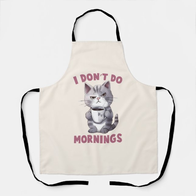 Delantal No hago mañanas - Gato gris con café (Anverso)