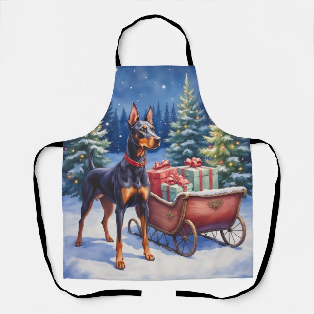 Delantal Noble Doberman Guarding Christmas Sleigh Winter (Anverso)