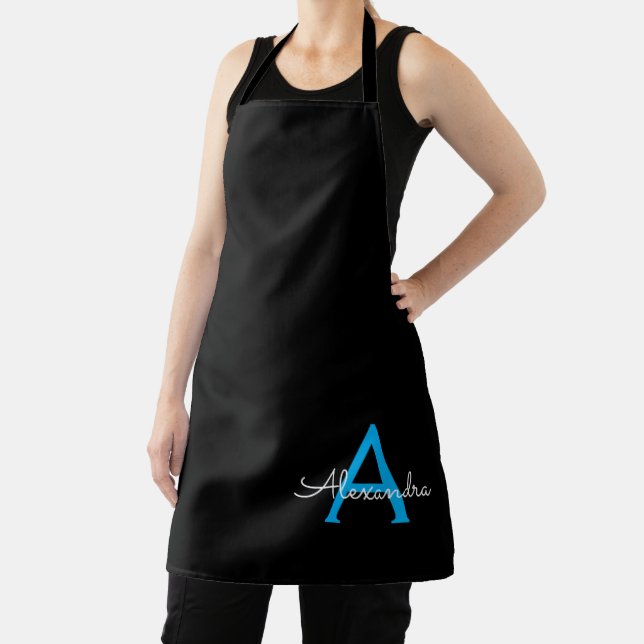 Delantal Nombra de monograma de guión azul negro (in situ)