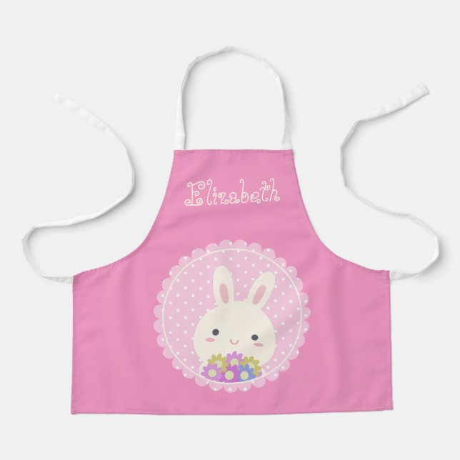 Delantal Nombra personalizada de Kawaii Bunny y Flores de c (Anverso)