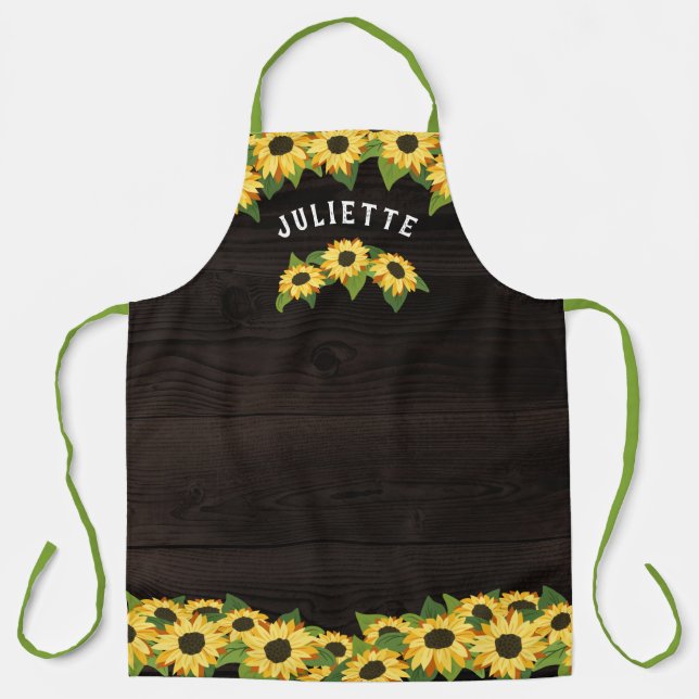 Delantal Nombre añadido de girasoles rusos y madera oscura (Anverso)
