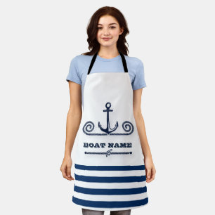 Delantal Nombre de Barco Náutico, Ancla, Cuerda, Rayas Azul