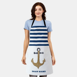 Delantal Nombre de Barco Náutico, Franja Azul Marinho Ancla