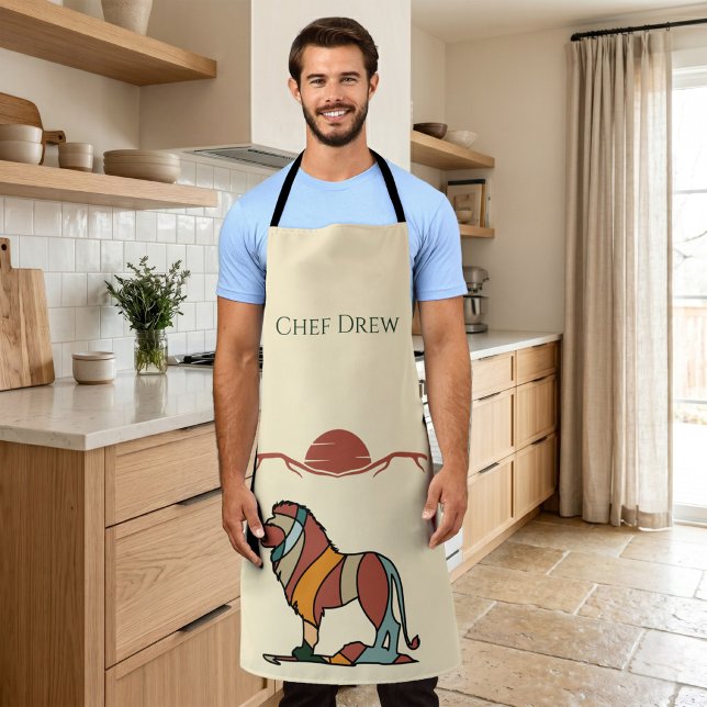 Delantal Nombre de Chef Personalizado León Boho Barbacoa de (Custom Chef Name Lion Boho Mid Century BBQ Gift Apron)