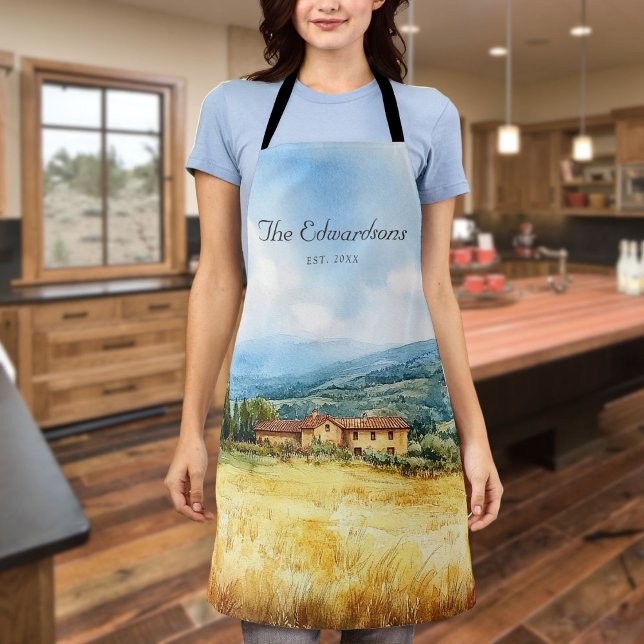 Delantal Nombre de familia mediterráneo toscano acuarela (Watercolor Tuscan Mediterranean Family Name Apron)