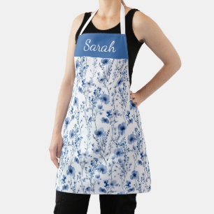 Delantal Nombre de Flor Silvestre Acuarela Azul Personaliza