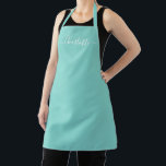 Delantal Nombre de guion personalizado azul aqua femenino e<br><div class="desc">Delantal de cocina con texto de nombre de guion moderno personalizado azul aqua monograma sólido color simple femenino elegante chic texto azul aqua y blanco. Personalice,  personalícelo con nombre,  cita,  frase o texto. Ideal para cocineros,  chefs,  alfarería,  cerámica,  manualidades,  trabajo,  cocina,  repostería,  barbacoa,  parrilla,  etc</div>