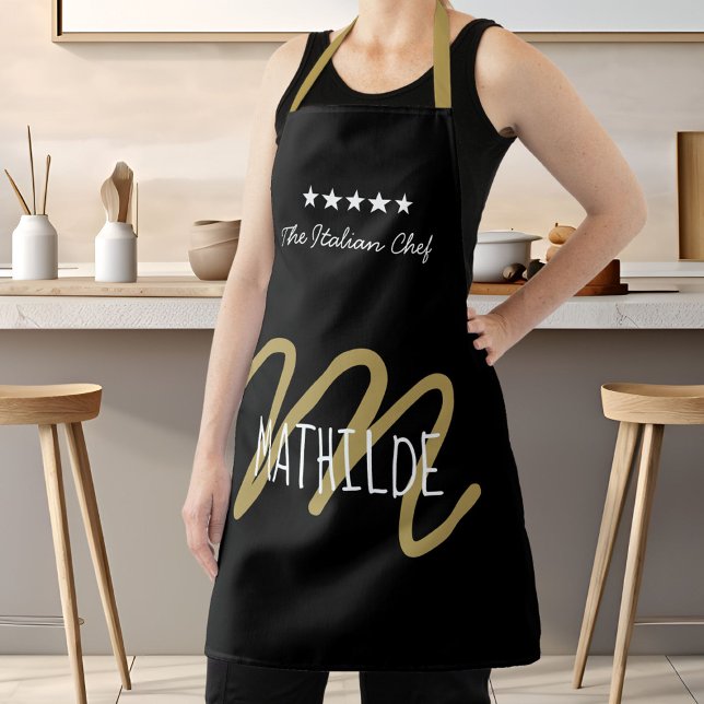 Delantal Nombre de la tipografía moderna de oro negro del c (Chef Monogram Black Gold Modern Typography Name Apron)