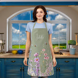 Delantal Nombre de las flores silvestres de color rosa rosa<br><div class="desc">Un verde sabio de moda. Decorada con flores y abejas color rosa y violeta.</div>