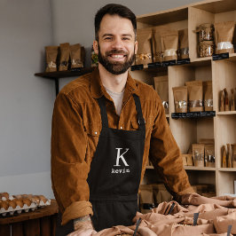 Delantal Nombre de monograma blanco negro moderno personali