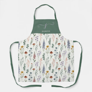 Delantal Nombre de monograma boho de flor silvestre acuarel