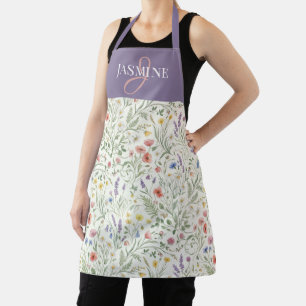 Delantal Nombre de monograma boho de flor silvestre acuarel