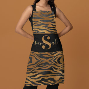 Delantal Nombre de Monograma Elegante y Sofisticado Leopard
