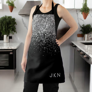 Delantal Nombre de monograma femenino con brillo plateado n