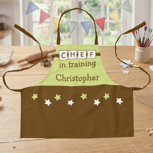 Delantal Nombre del Chef infantil estrellas verde marrón