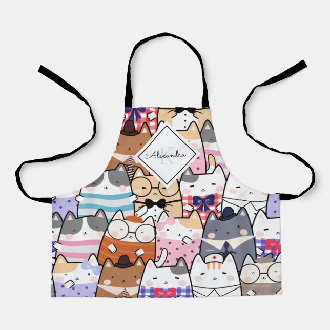 Delantal Nombre del Chica de monograma del patrón de gatito (Anverso)