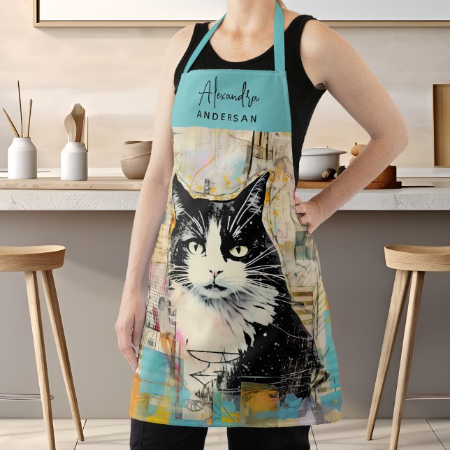 Delantal Nombre del guión de mamá para los amantes del gato (Vintage Black Cat Scrapbook Painting Script Name Apron)