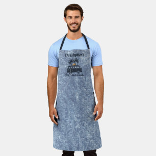 Delantal Nombre del monograma parrilla azul