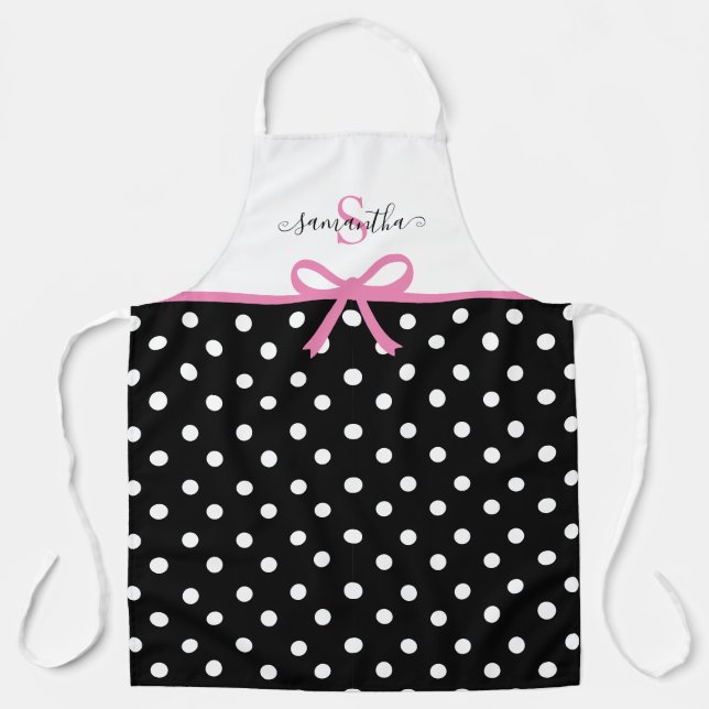 Delantal Nombre del monograma Polka negro rosado puntos de  (Anverso)