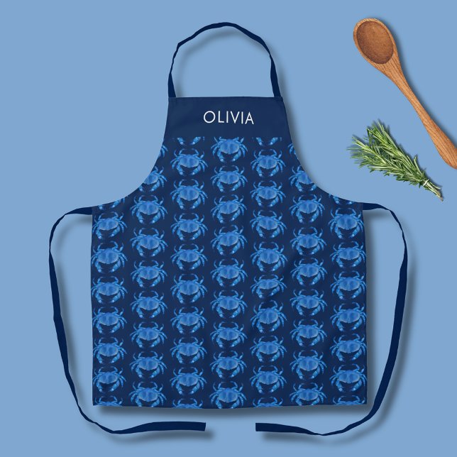 Delantal Nombre del patrón de cangrejo azul (Personalized blue crab pattern kitchen apron.  )