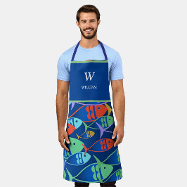 Delantal Nombre del patrón de pescado colorido y monogramad