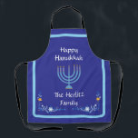 Delantal NOMBRE DEL Personalizar Blue HANUKKAH Menorah<br><div class="desc">Personalice Agregue su nombre y personalizar su mensaje de temporada de vacaciones. ¡Me encanta la pintura y el diseño! Espero que disfrutes de mi trabajo artístico.</div>
