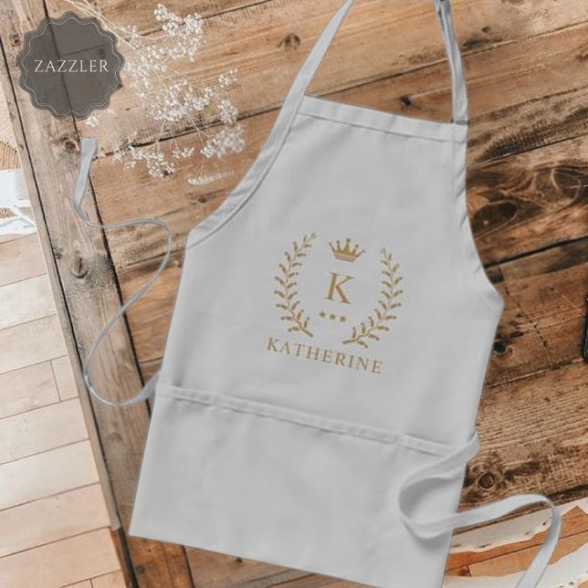 Delantal Nombre del personalizar y Monograma inicial de oro (Customize Name & Initial Black White Gold Monogram Adult Apron)