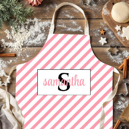 Delantal Nombre inicial del monograma rosa y blanco